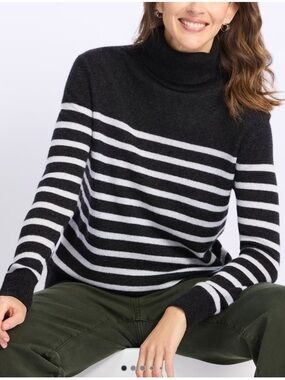 Harper Lane Small Dark Gray Stripe Louise 100% Cashmere Turtleneck Sweater